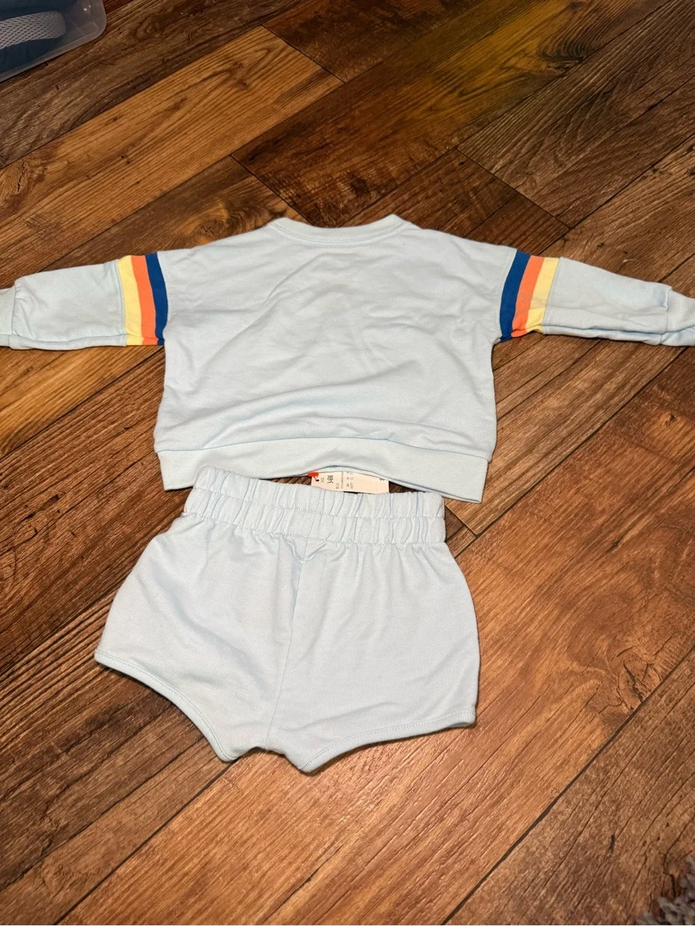 Cat & Jack Light Blue Kids Sweatshirt and Shorts Set with Rainbow Sleeve Stripes